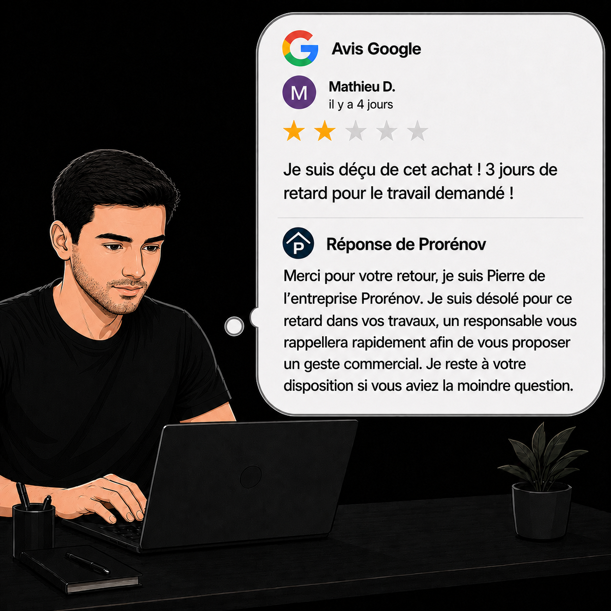 Jeune homme sur ordinateur avec réponse Google structurée